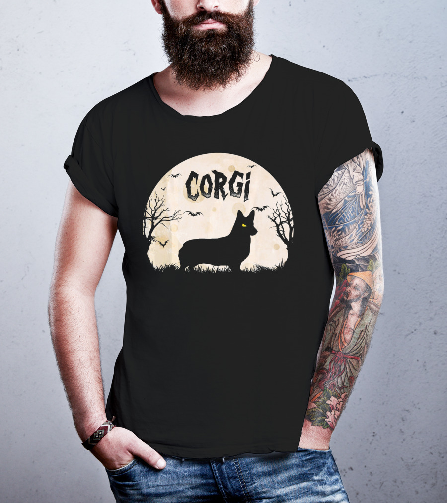 Corgi Halloween Horror Silhouette With Moon And Bats T-Shirt