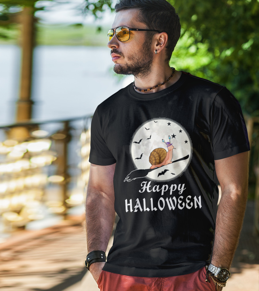Happy Halloween Snail Riding Broomstick With Full Moon And Bats T-Shirt