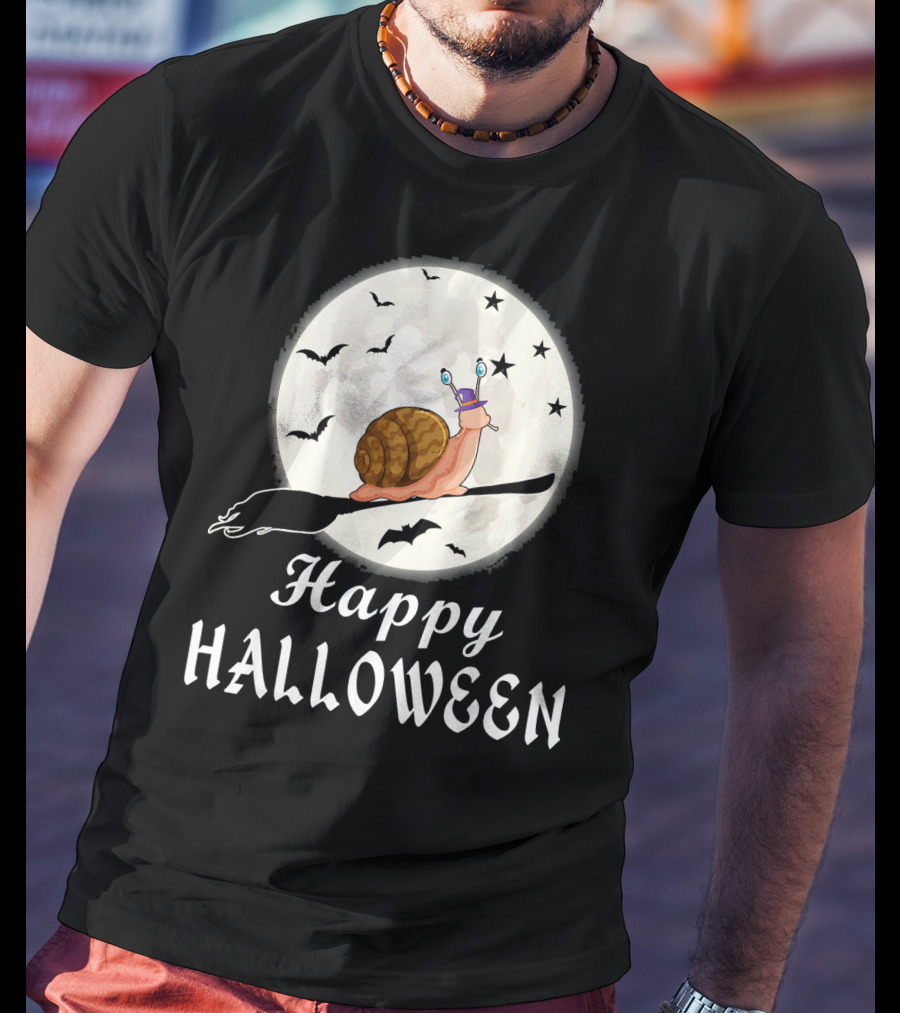 Happy Halloween Snail Riding Broomstick With Full Moon And Bats T-Shirt