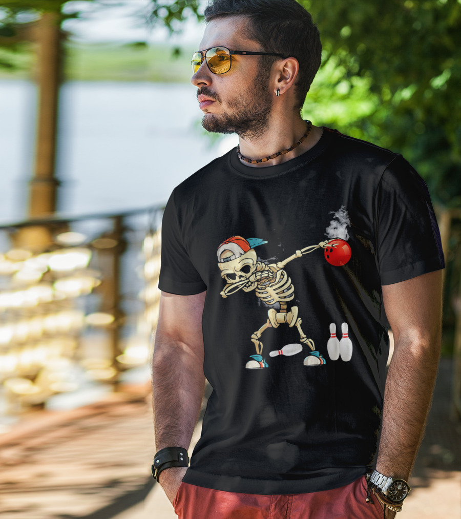 Dabbing Skeleton Holding Red Bowling Ball With Pins T-Shirt
