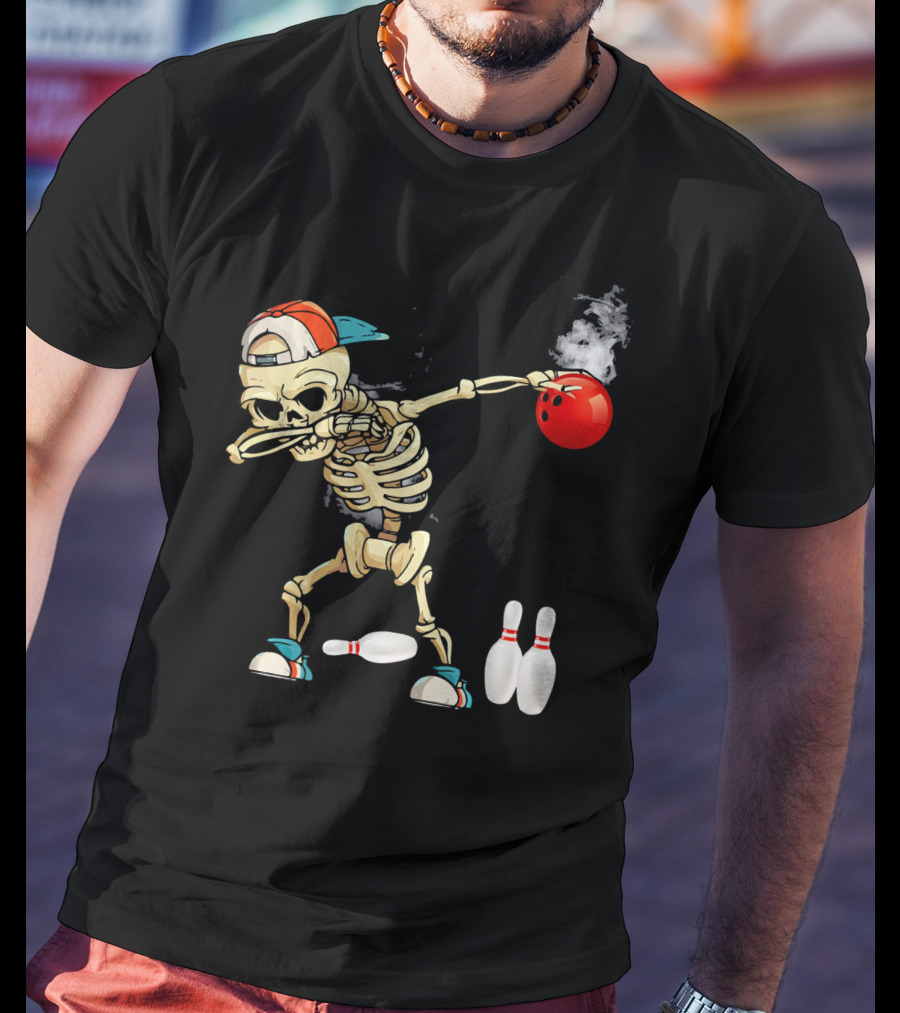 Dabbing Skeleton Holding Red Bowling Ball With Pins T-Shirt