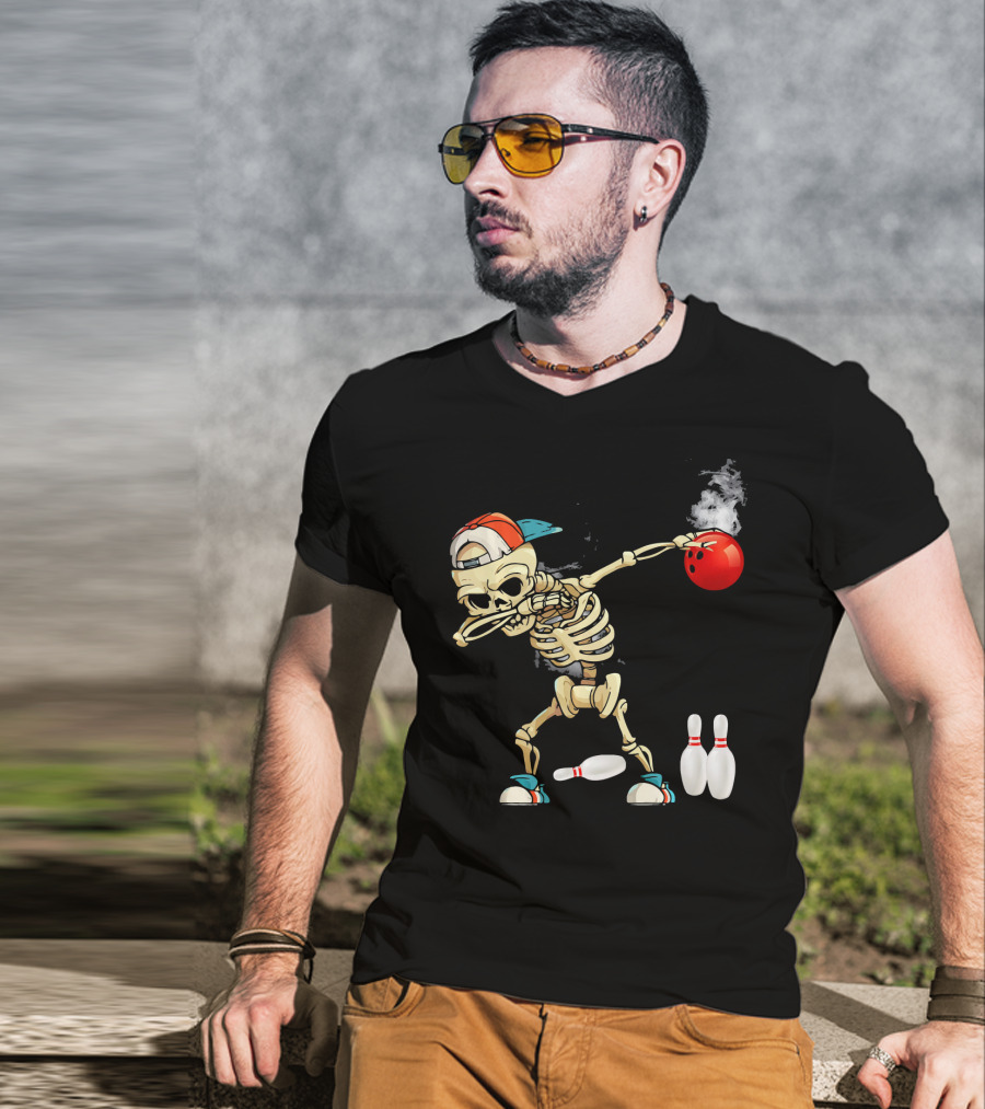 Dabbing Skeleton Holding Red Bowling Ball With Pins T-Shirt