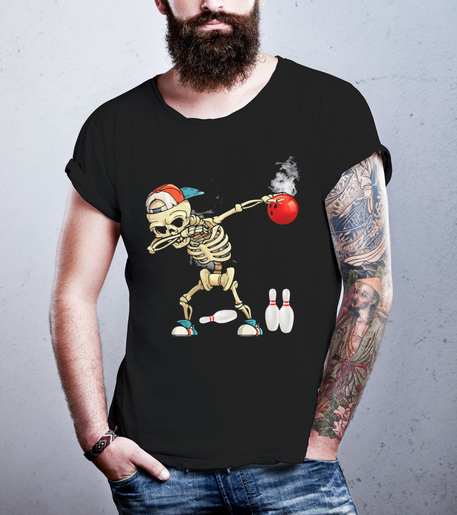 Dabbing Skeleton Holding Red Bowling Ball With Pins T-Shirt