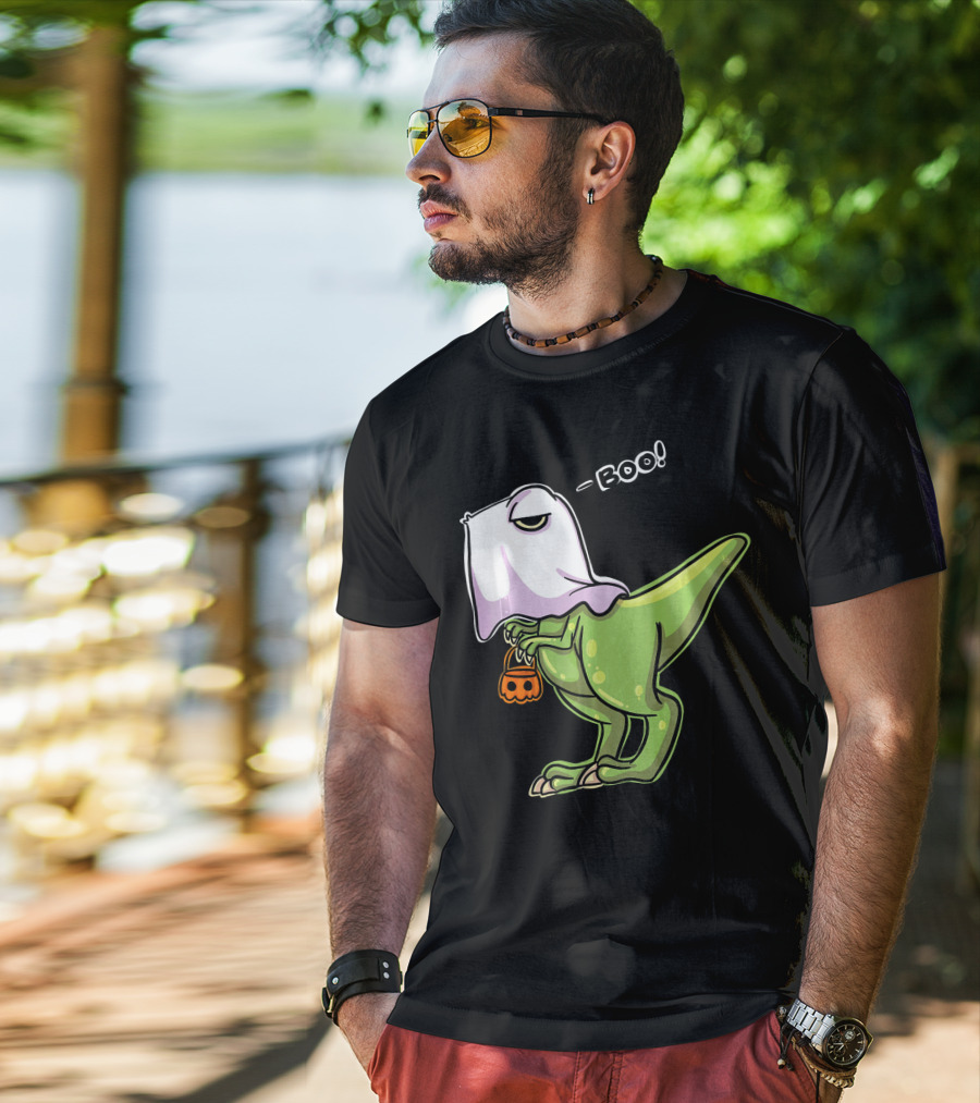 Funny Dinosaur Dressed As Halloween Ghost With Boo Text And Pumpkin T-Shirt