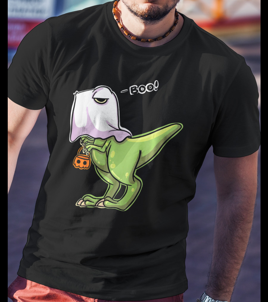 Funny Dinosaur Dressed As Halloween Ghost With Boo Text And Pumpkin T-Shirt