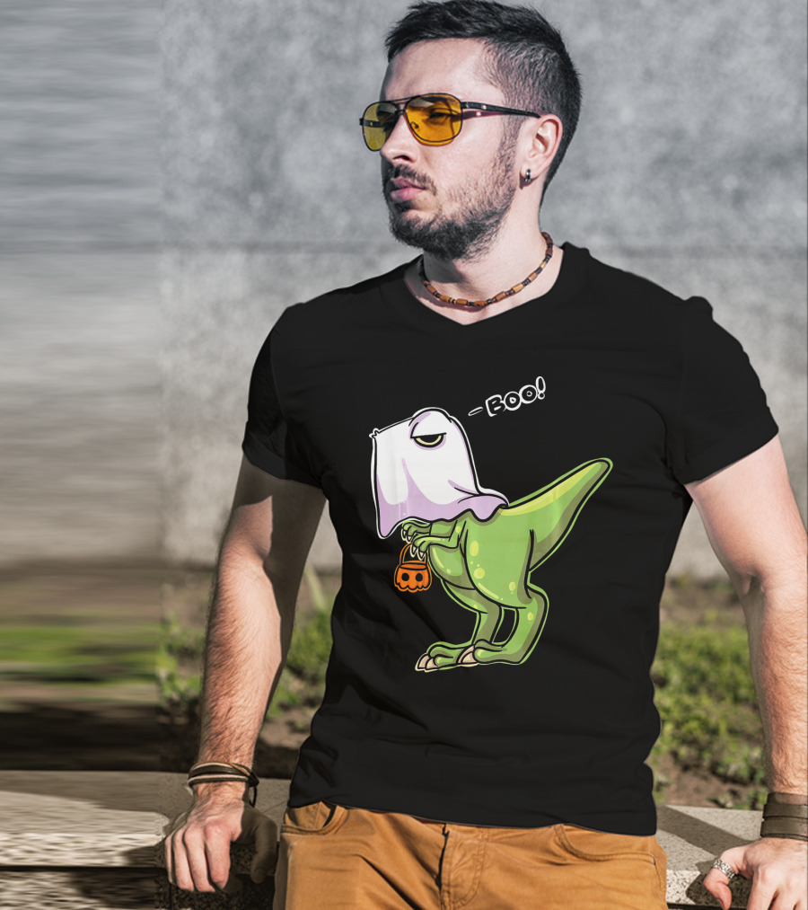 Funny Dinosaur Dressed As Halloween Ghost With Boo Text And Pumpkin T-Shirt