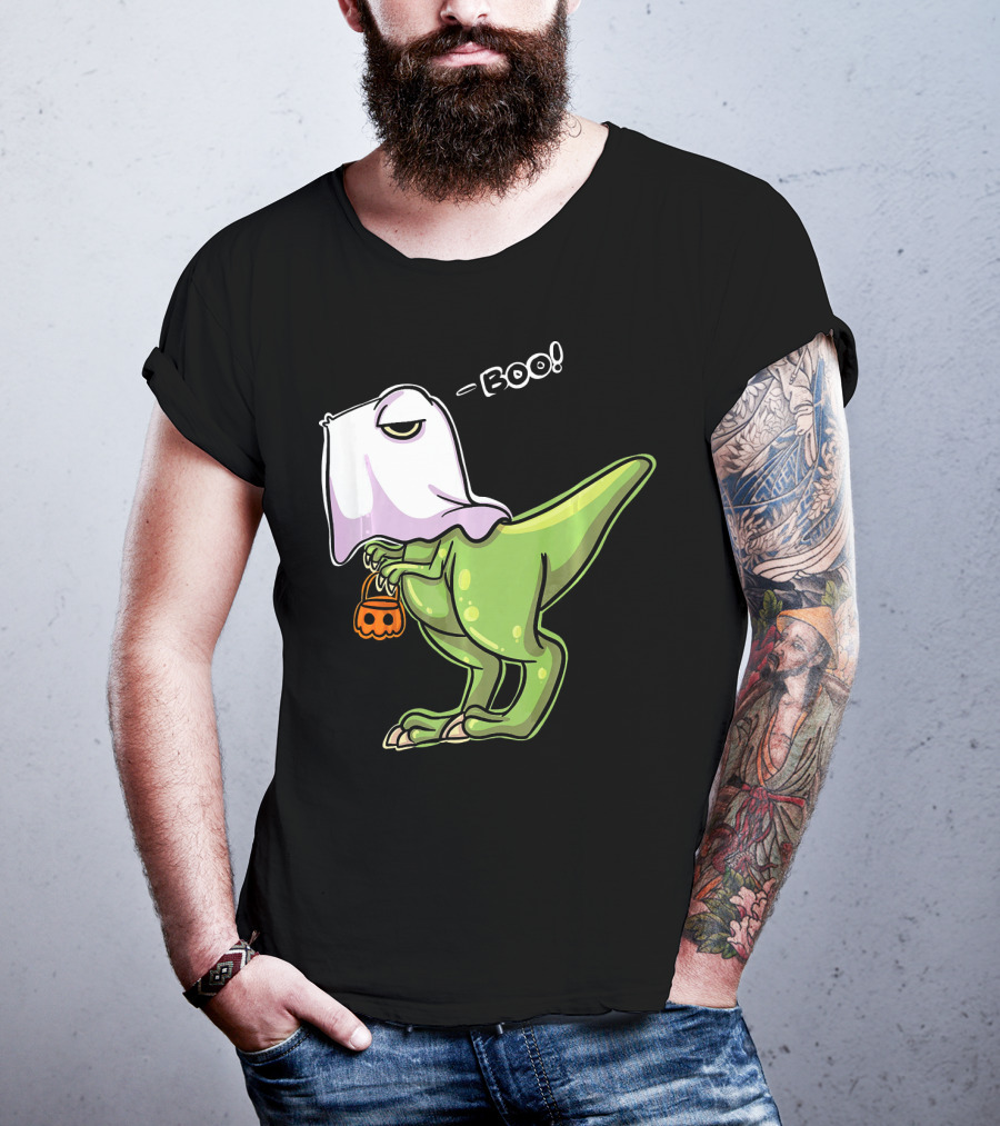 Funny Dinosaur Dressed As Halloween Ghost With Boo Text And Pumpkin T-Shirt