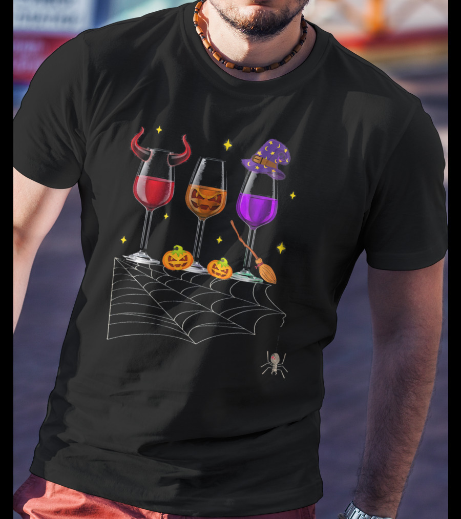 Halloween Wine Glasses Devil Witch Pumpkin Decor With Spider And Web T-Shirt