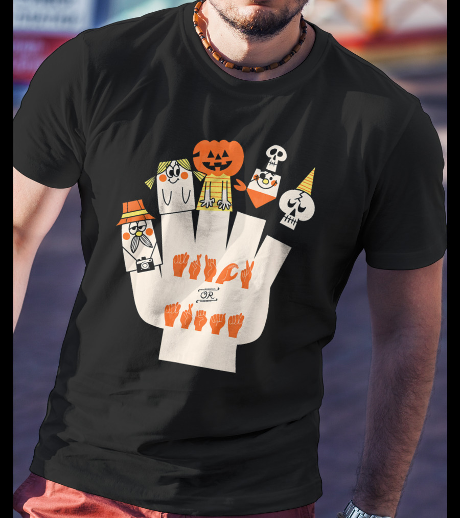 Trick Or Treat ASL Halloween Hand Signs With Pumpkin And Ghost Characters T-Shirt