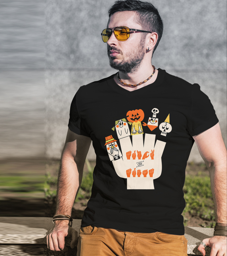 Trick Or Treat ASL Halloween Hand Signs With Pumpkin And Ghost Characters T-Shirt