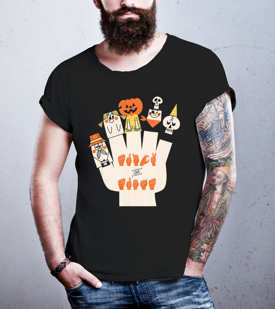 Trick Or Treat ASL Halloween Hand Signs With Pumpkin And Ghost Characters T-Shirt