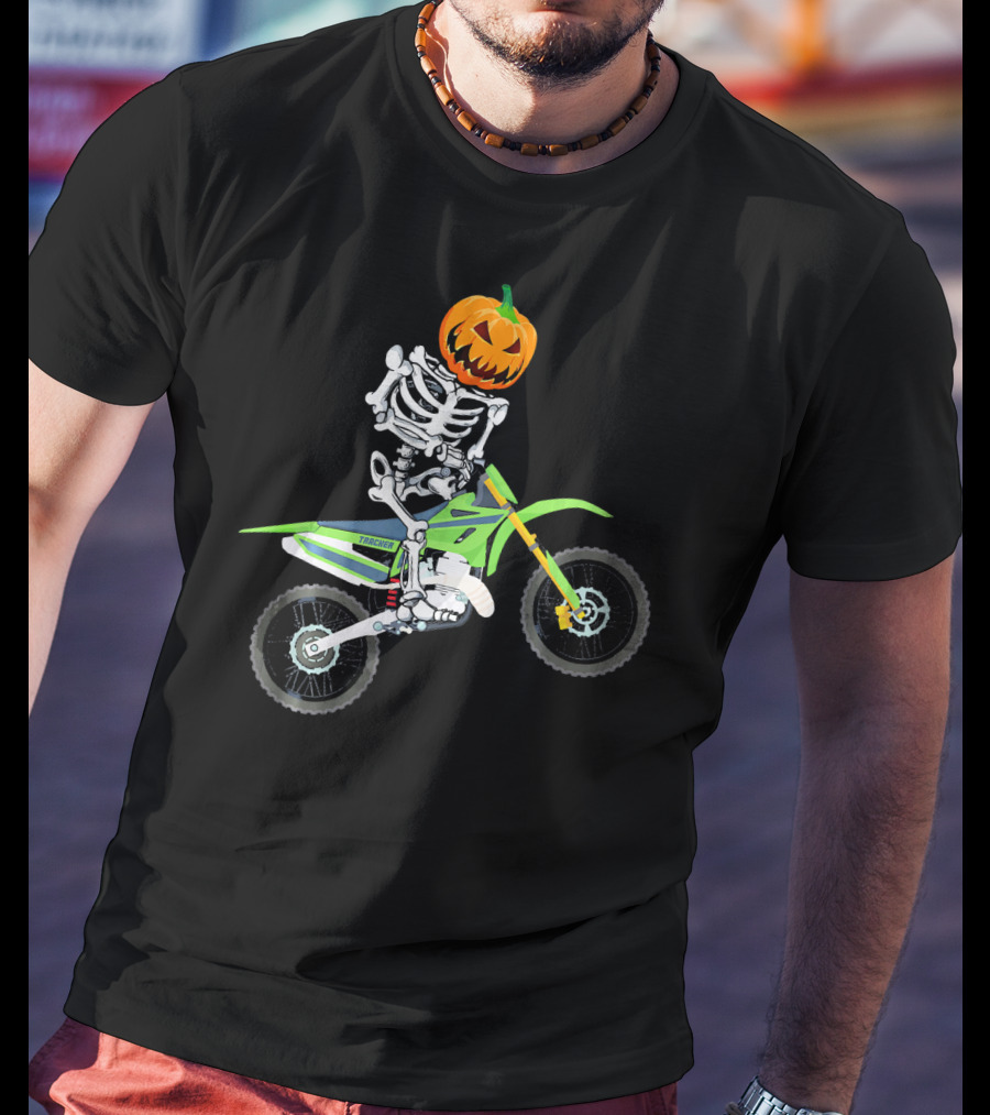 Skeleton Dirt Bike Halloween Pumpkin Rider T-Shirt