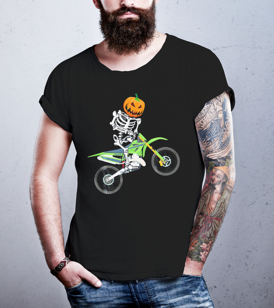 Skeleton Dirt Bike Halloween Pumpkin Rider T-Shirt