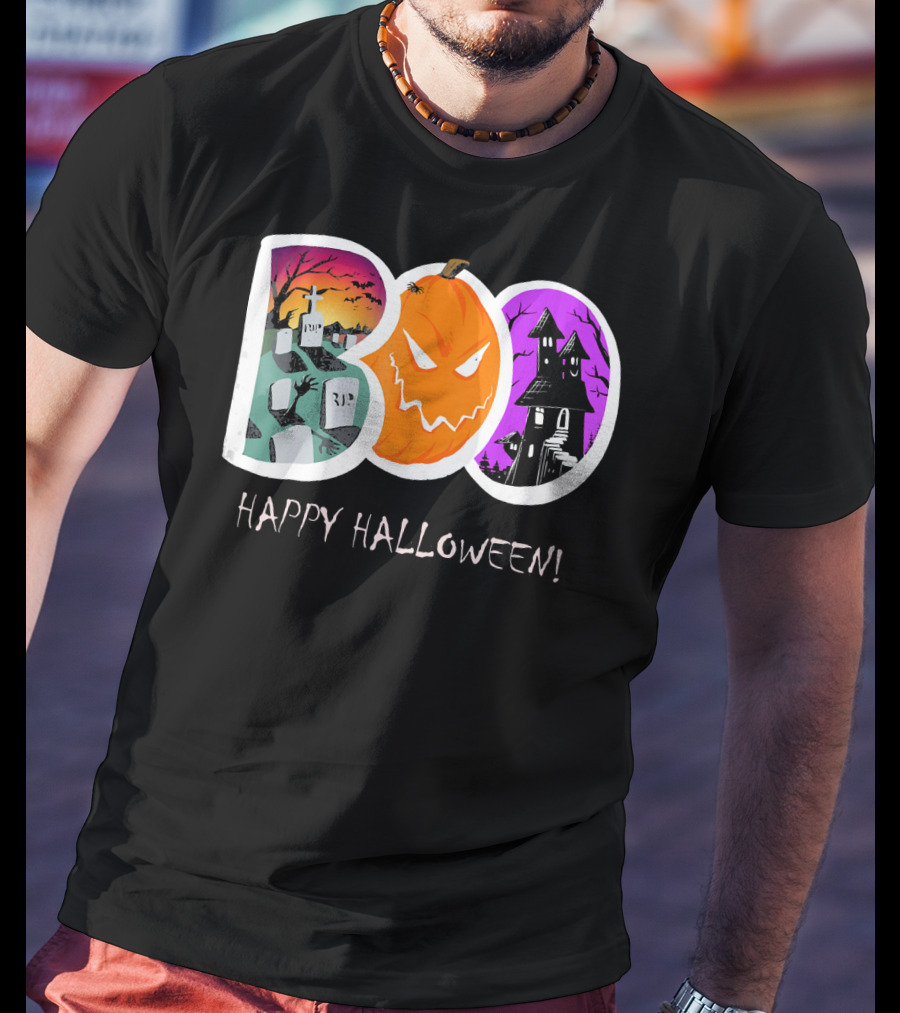 Happy Halloween Boo Trick Or Treat Pumpkin Graveyard Haunted House T-Shirt