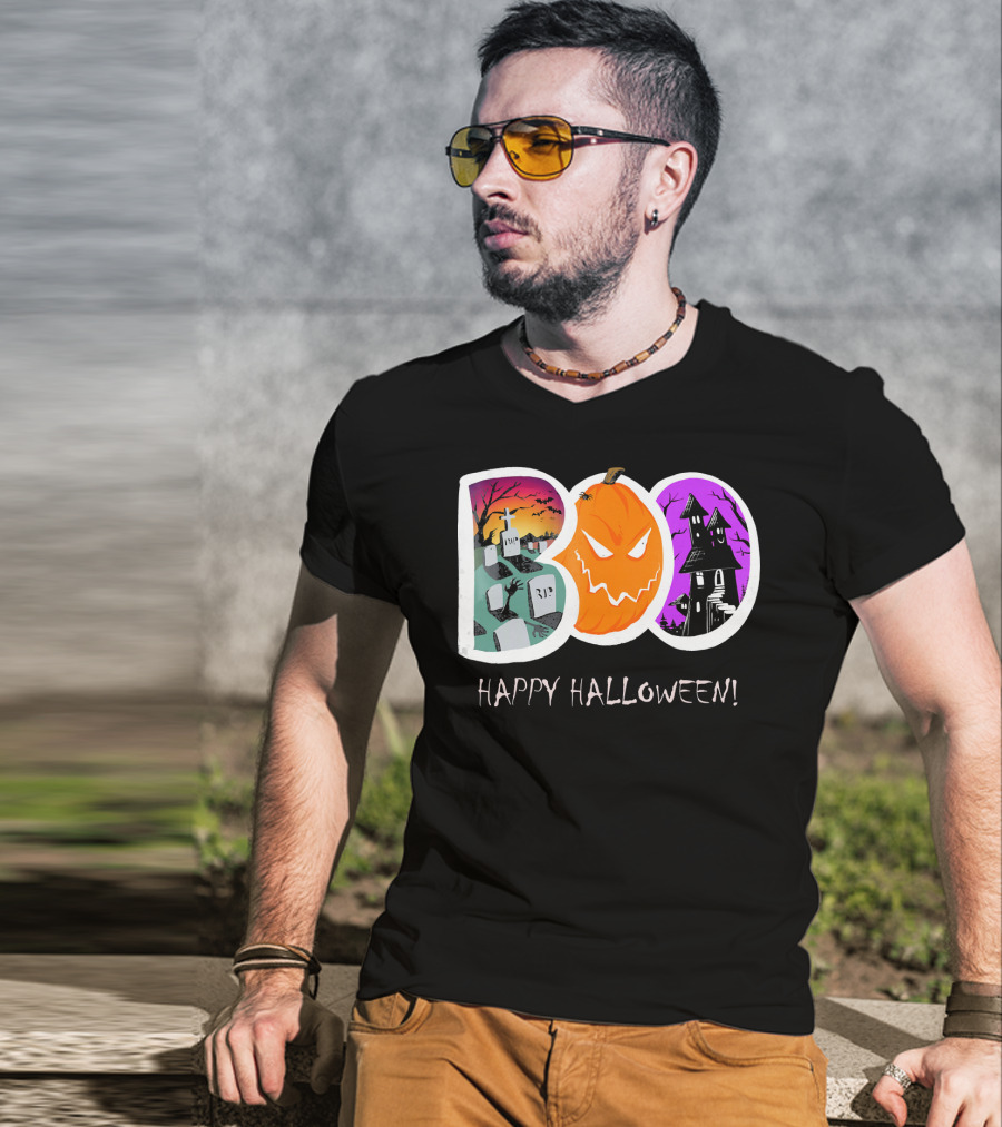 Happy Halloween Boo Trick Or Treat Pumpkin Graveyard Haunted House T-Shirt