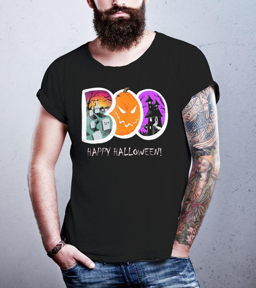 Happy Halloween Boo Trick Or Treat Pumpkin Graveyard Haunted House T-Shirt