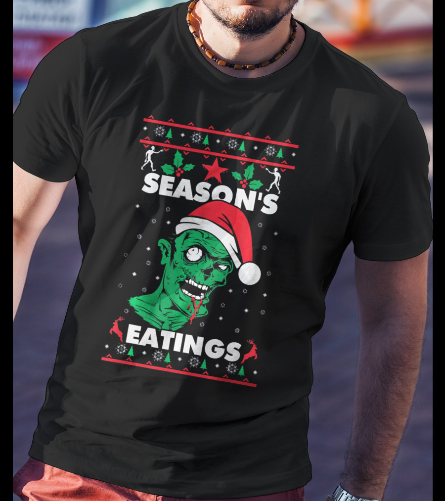 Season's Eatings Ugly Christmas Zombie Santa Hat Snowflakes T-Shirt
