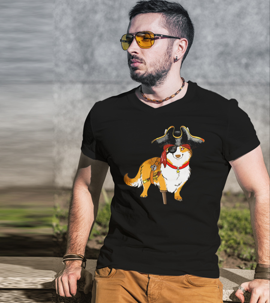 Funny Corgi Pirates With Pegleg And Eyepatch T-Shirt