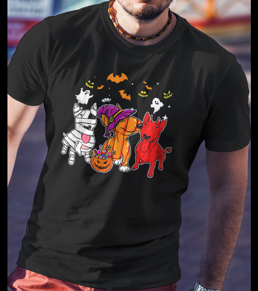 Adorable Bull Terrier Trio In Halloween Costumes With Spooky Ghosts And Bats T-Shirt
