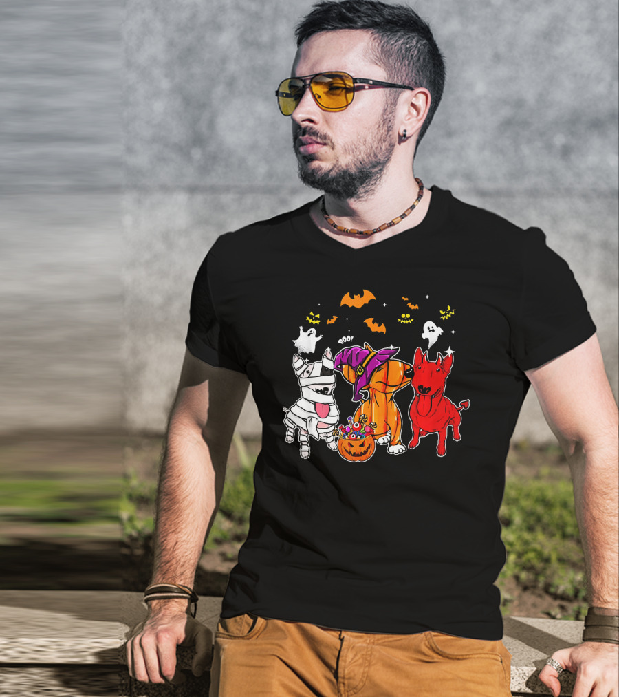 Adorable Bull Terrier Trio In Halloween Costumes With Spooky Ghosts And Bats T-Shirt
