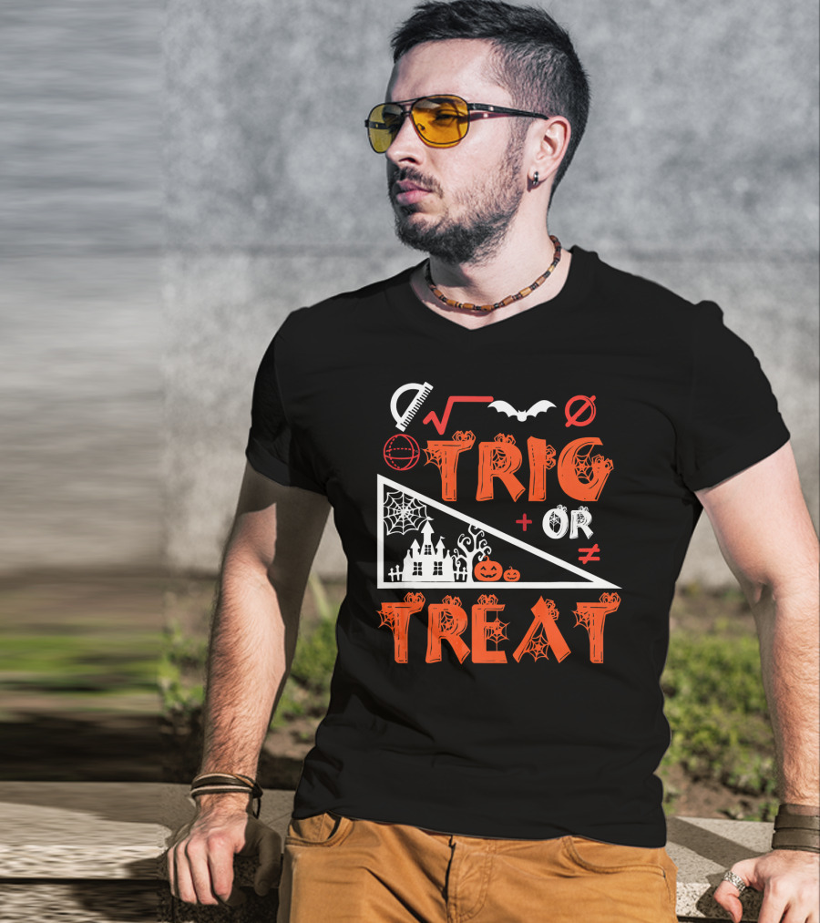 Trig Or Treat Math Halloween Costume Concept With Spooky Castle, Spider Webs, And Math Symbols T-Shirt