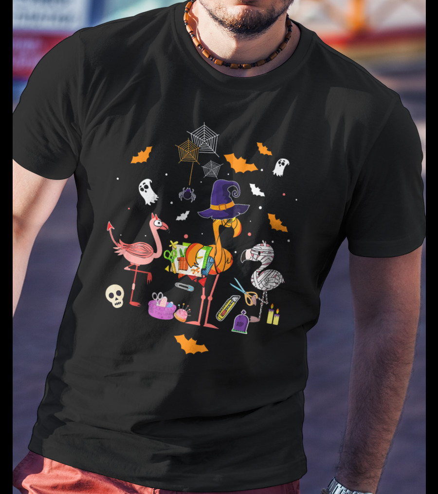 Halloween Scrapbooking Love With Witch Flamingo And Mummy Flamingo Ghosts Bats And Spiders T-Shirt