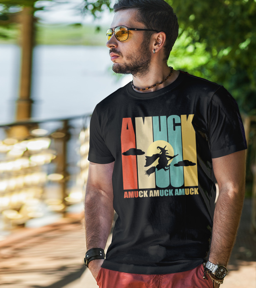 Amuck Amuck Amuck Vintage Witch On Broom Silhouette With Sunset Background T-Shirt