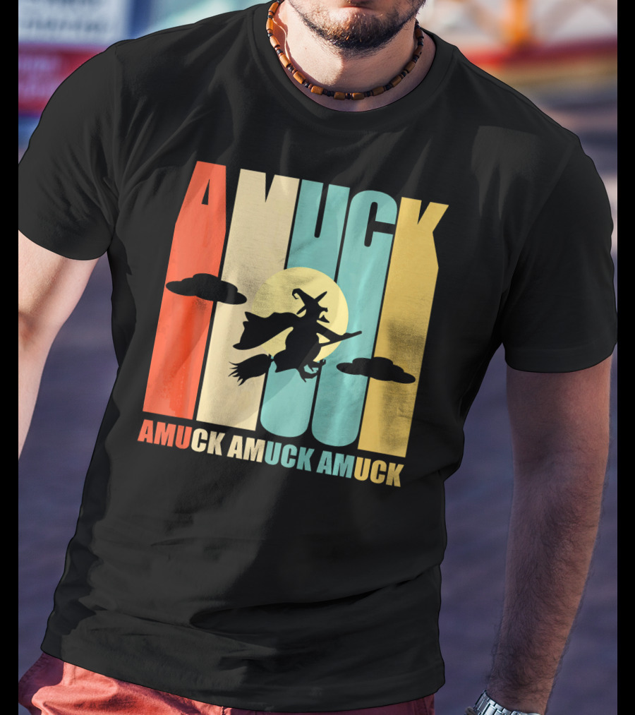 Amuck Amuck Amuck Vintage Witch On Broom Silhouette With Sunset Background T-Shirt