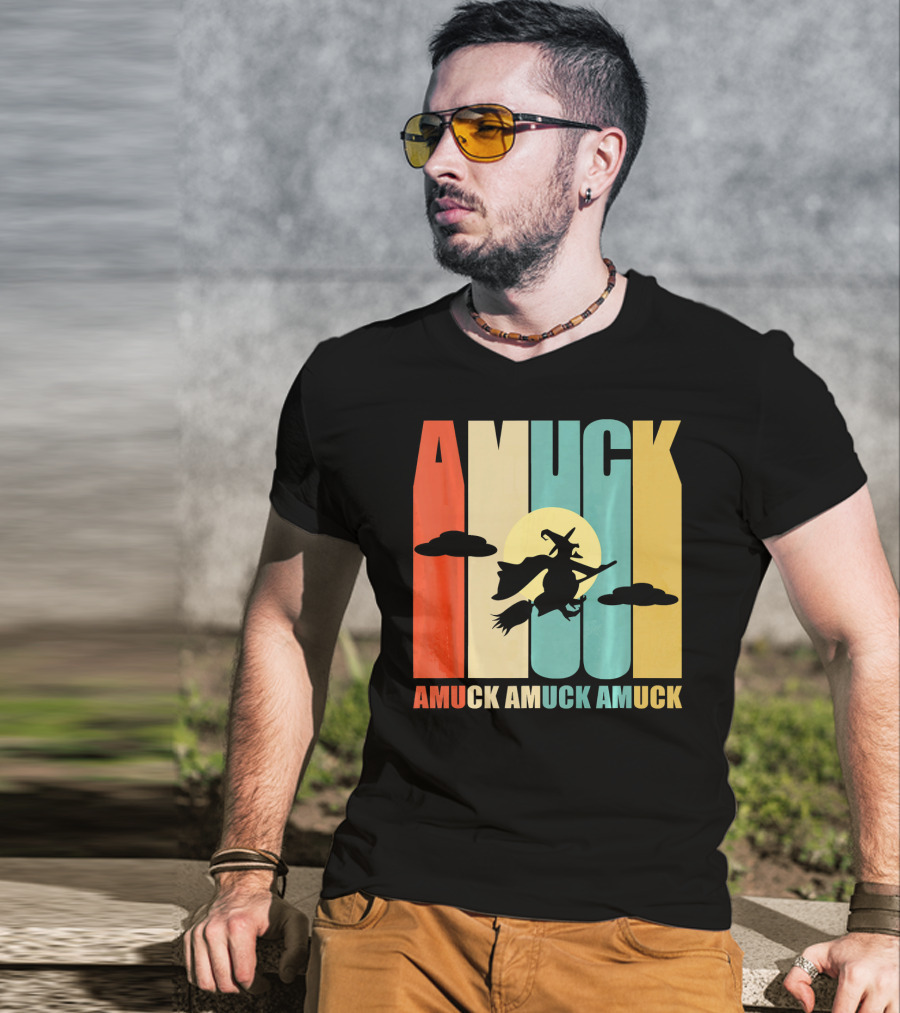 Amuck Amuck Amuck Vintage Witch On Broom Silhouette With Sunset Background T-Shirt