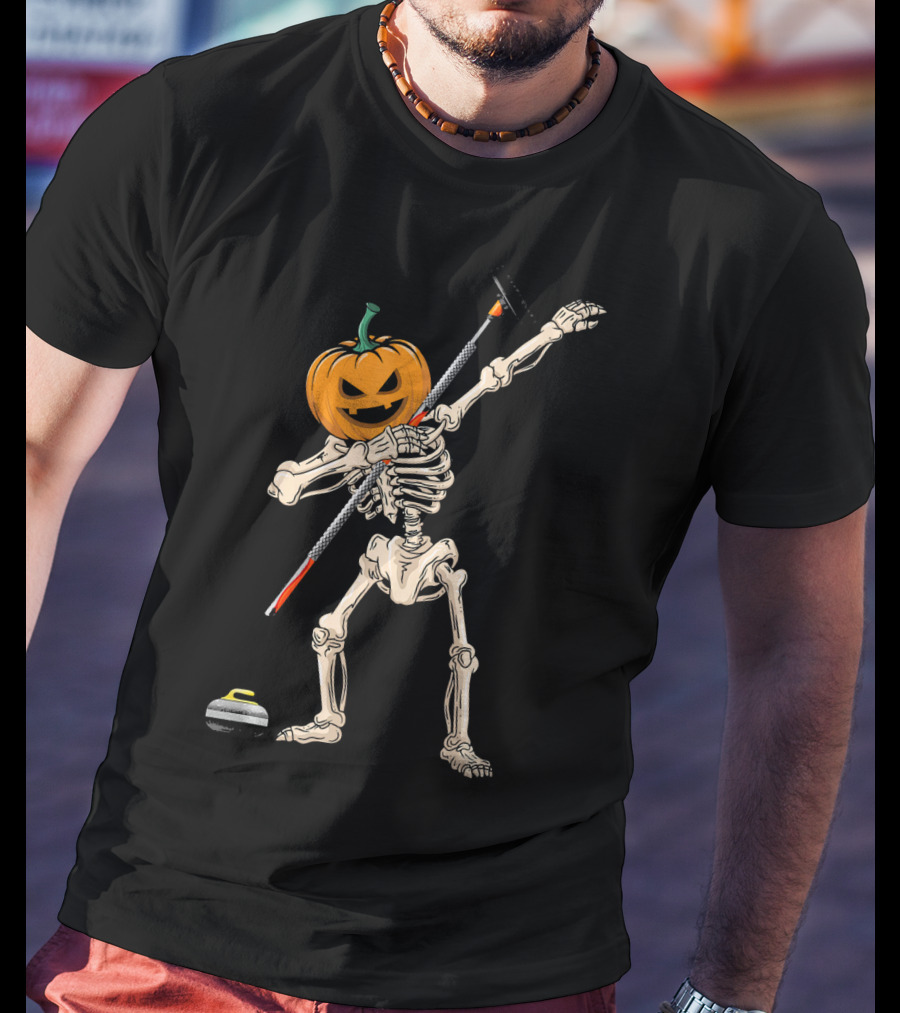Pumpkin Skeleton Dabbing Curling Halloween T-Shirt