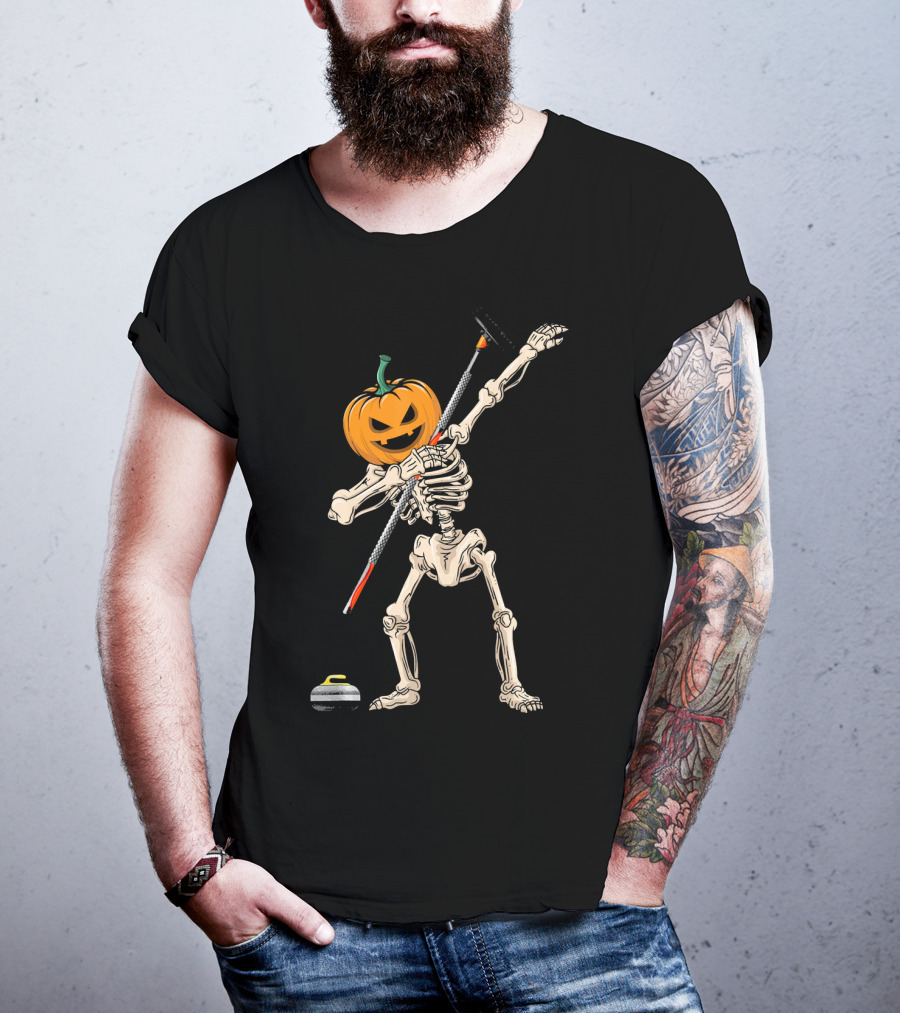 Pumpkin Skeleton Dabbing Curling Halloween T-Shirt