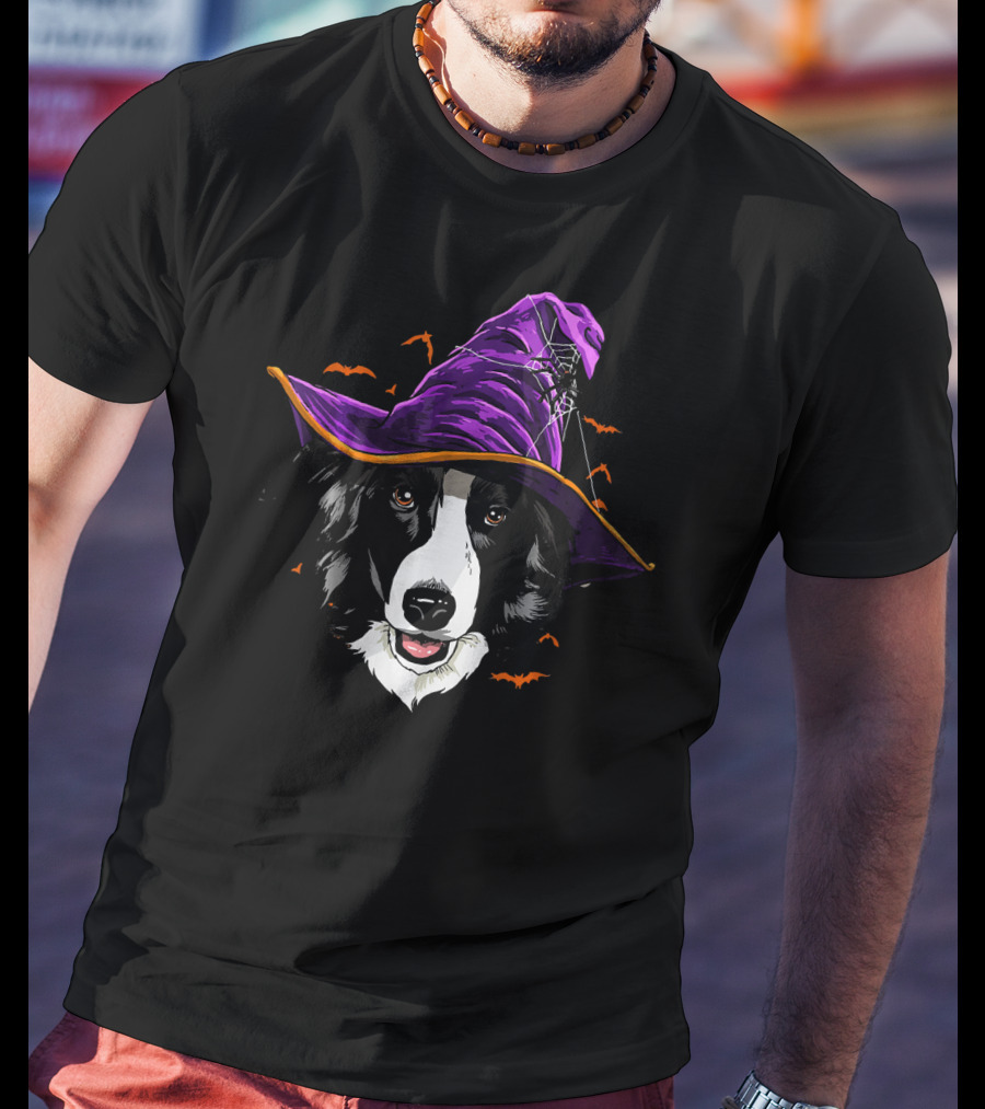 Border Collie Halloween Witch Hat With Flying Bats T-Shirt