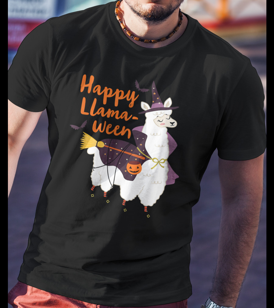 Happy Llamaween Witchy Halloween Llama With Hat And Broom T-Shirt