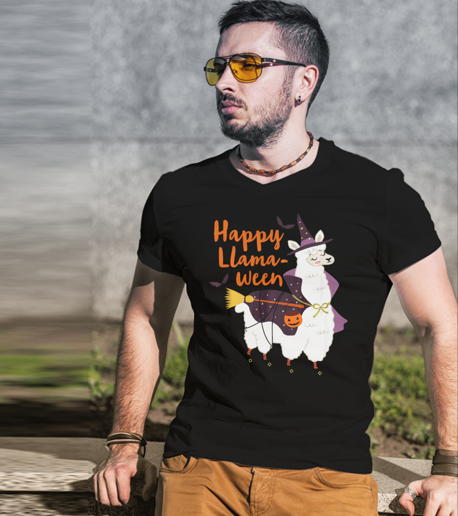 Happy Llamaween Witchy Halloween Llama With Hat And Broom T-Shirt