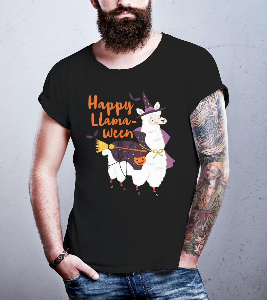Happy Llamaween Witchy Halloween Llama With Hat And Broom T-Shirt