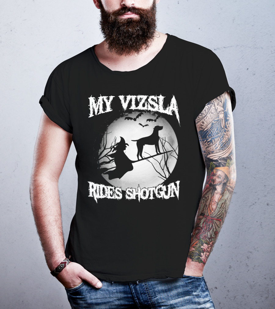 My Vizsla Rides Shotgun Halloween Witch Moon Bats T-Shirt