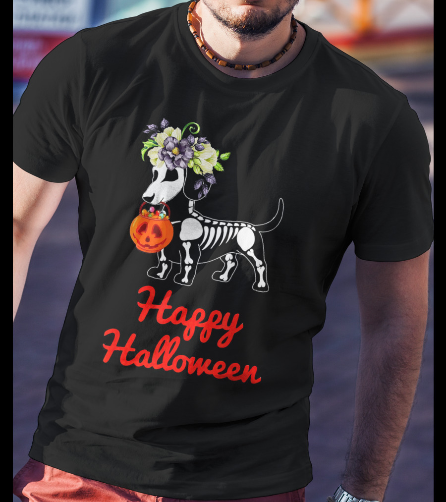 Happy Halloween Skeleton Dachshund With Pumpkin And Floral Crown T-Shirt