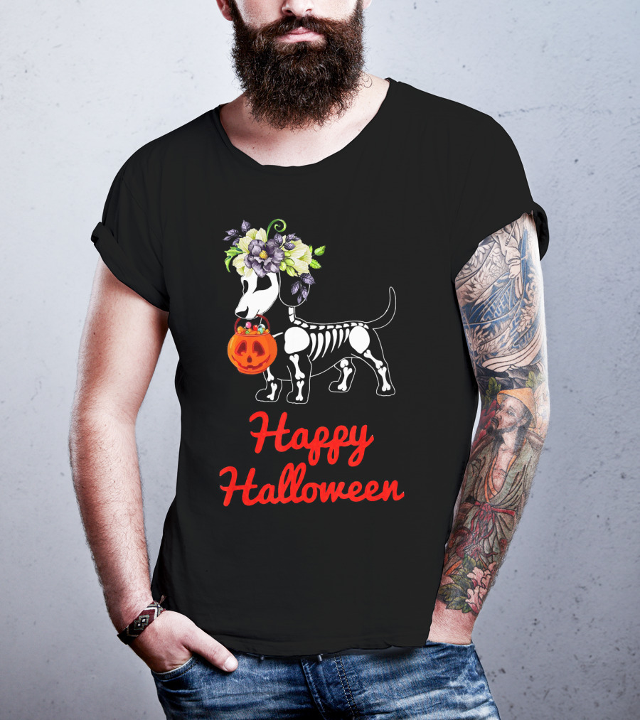Happy Halloween Skeleton Dachshund With Pumpkin And Floral Crown T-Shirt