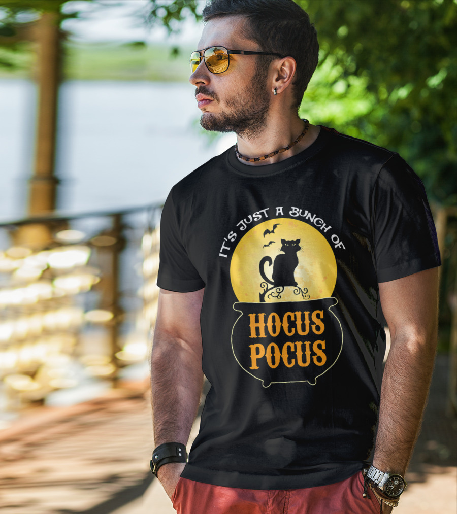 It's Just A Bunch Of Hocus Pocus Halloween Black Cat Cauldron Moon Bats T-Shirt