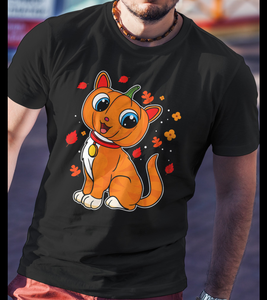 Halloween Pumpkin Cat With Autumn Leaves And Flowers T-Shirt