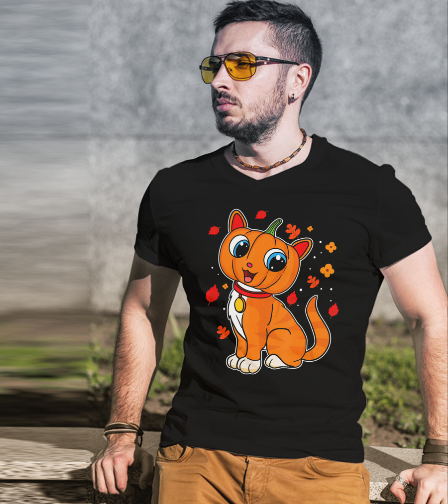 Halloween Pumpkin Cat With Autumn Leaves And Flowers T-Shirt