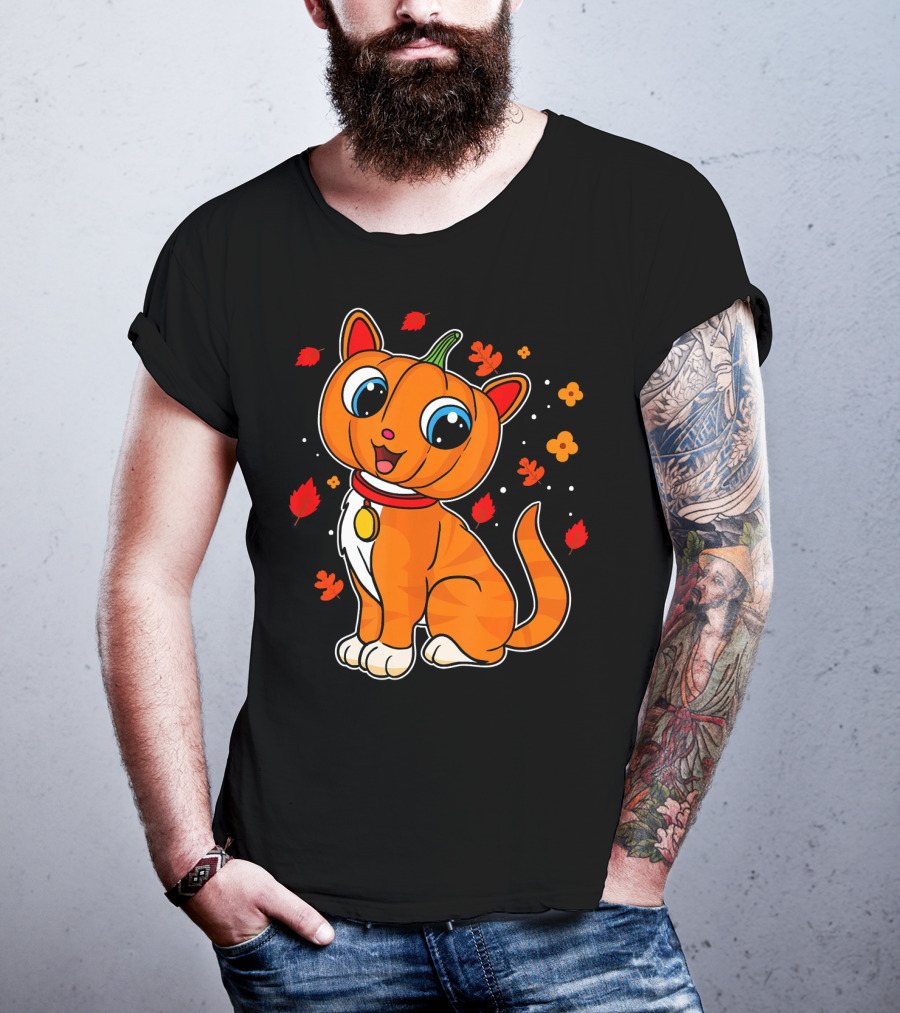 Halloween Pumpkin Cat With Autumn Leaves And Flowers T-Shirt