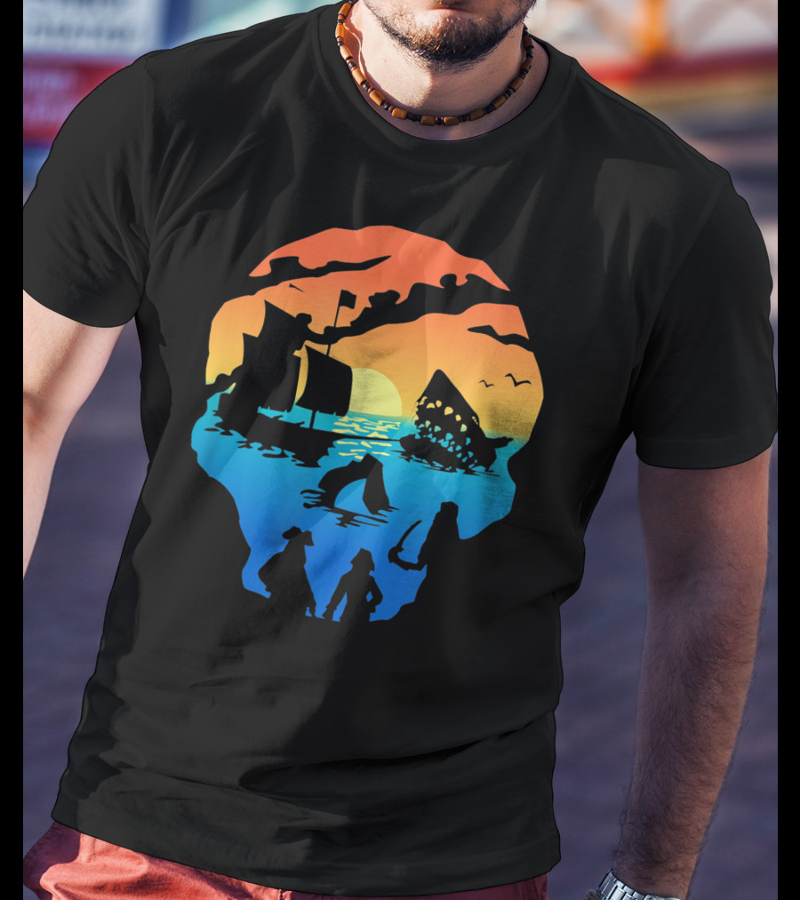 Mens Skeleton Skull Pirate Ship Sunset T-Shirt