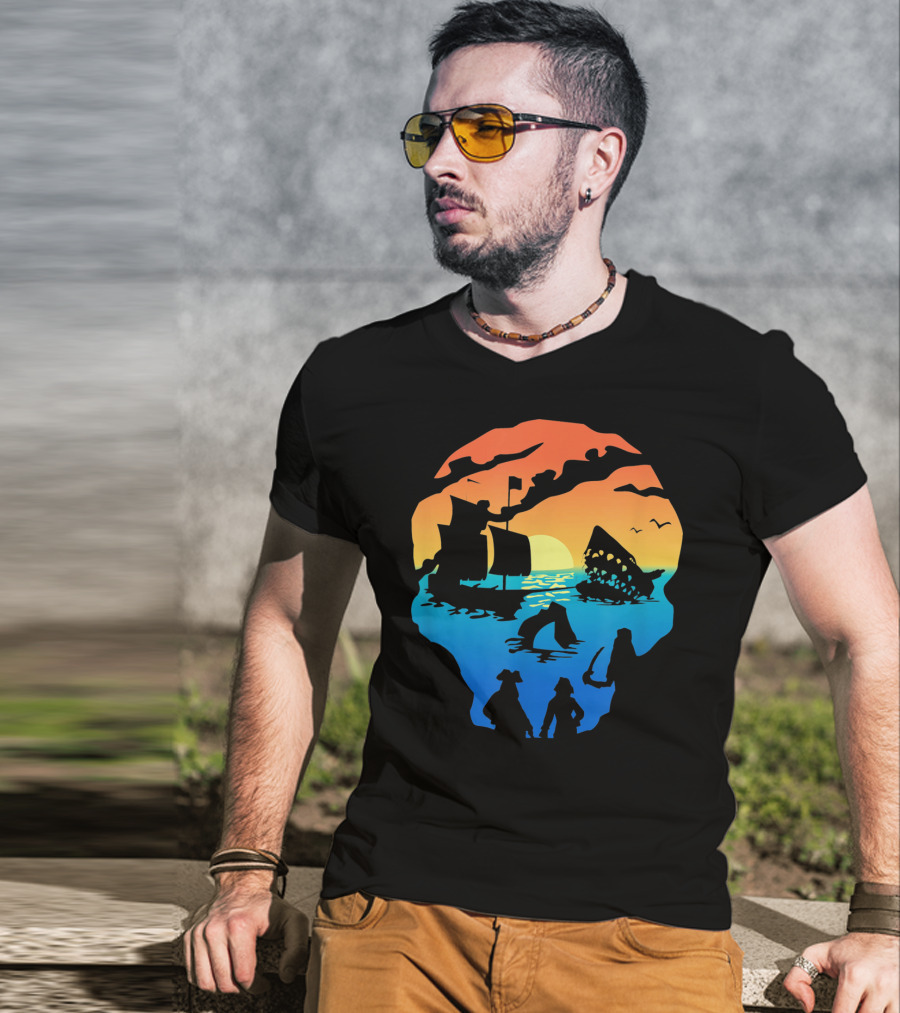 Mens Skeleton Skull Pirate Ship Sunset T-Shirt