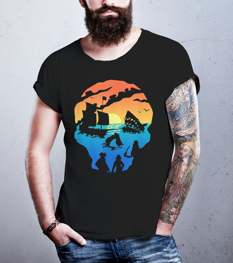 Mens Skeleton Skull Pirate Ship Sunset T-Shirt