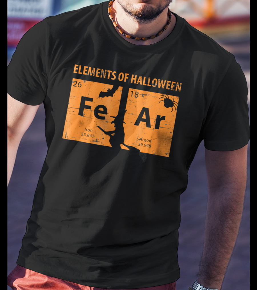 Elements Of Halloween Periodic Table Fe Ar 26 18 Iron Argon Witch Bat Spider T-Shirt