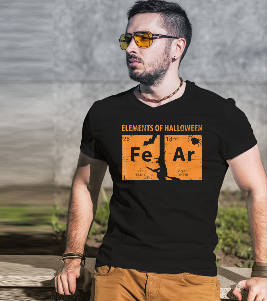 Elements Of Halloween Periodic Table Fe Ar 26 18 Iron Argon Witch Bat Spider T-Shirt