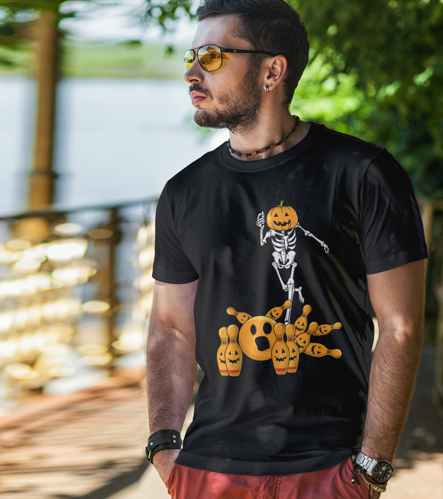 Bones Skeleton Pumpkin Head Halloween Bowling Pin Strike T-Shirt