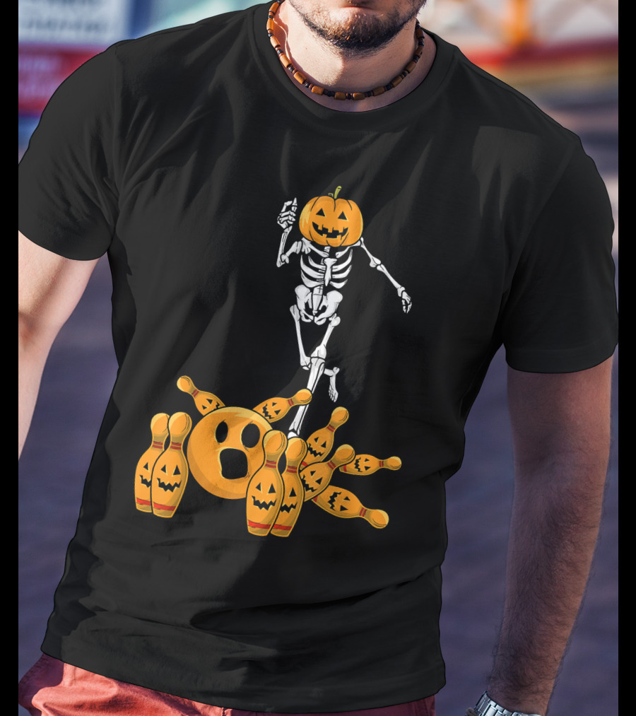 Bones Skeleton Pumpkin Head Halloween Bowling Pin Strike T-Shirt