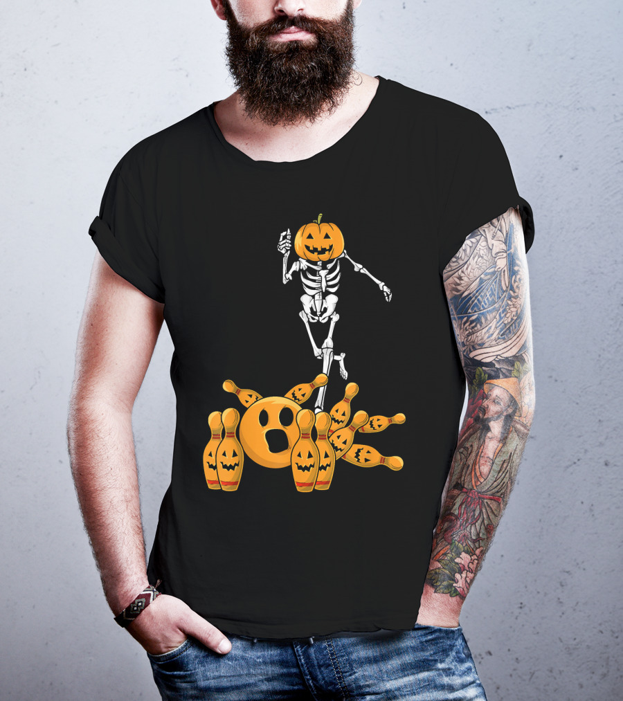 Bones Skeleton Pumpkin Head Halloween Bowling Pin Strike T-Shirt